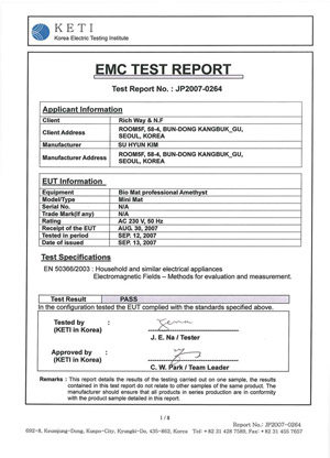 picture of certificate of electro magnetic field test on Bio-mat Professional